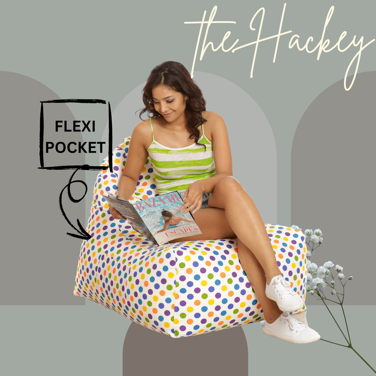 Style Homez Hackey Cotton Canvas Polka Dots Printed Bean Bag XXL XXL Size Filled With Beans Fillers