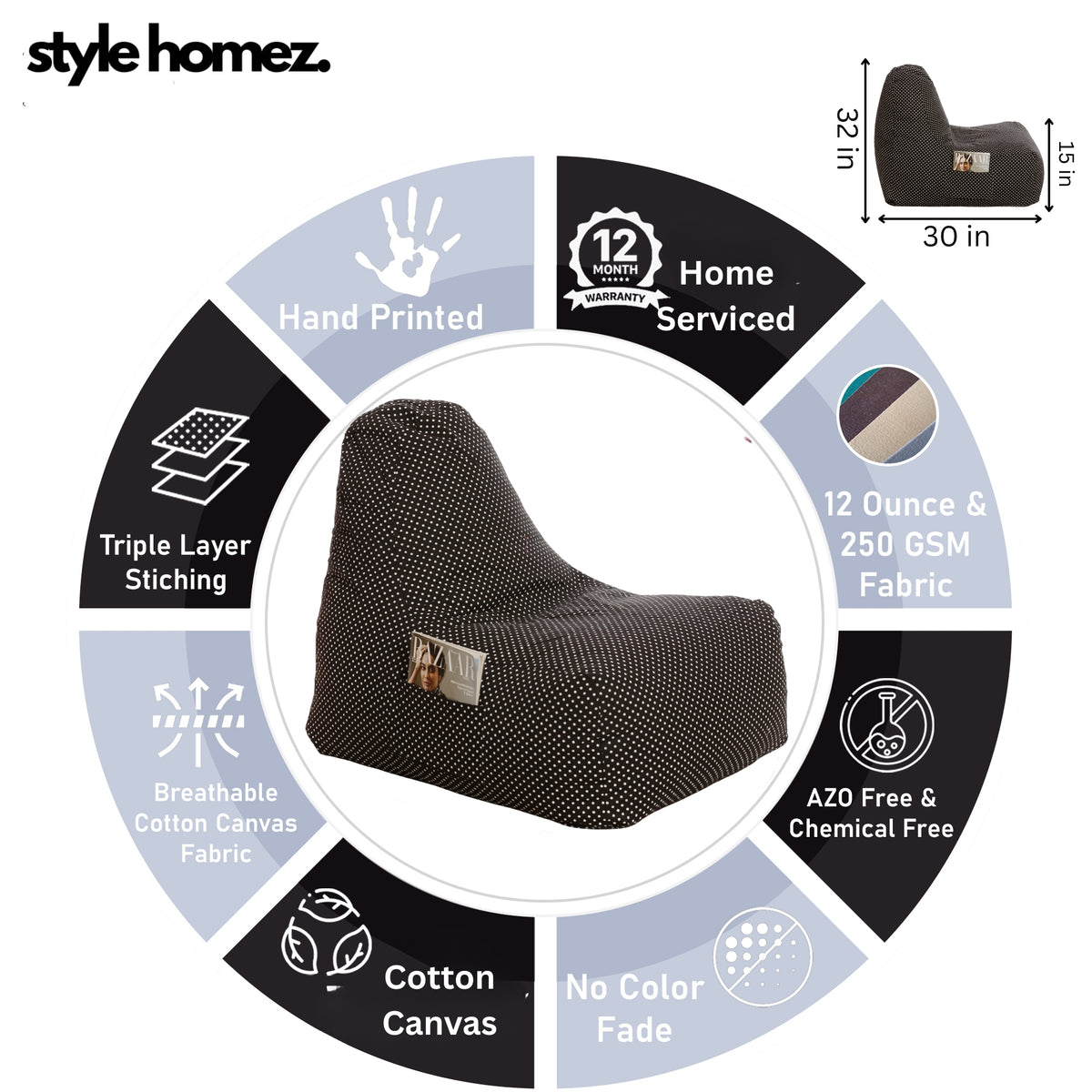 Style Homez HACKEY, Cotton Canvas Polka Dots Printed Bean Bag XXL Size, COVER Only
