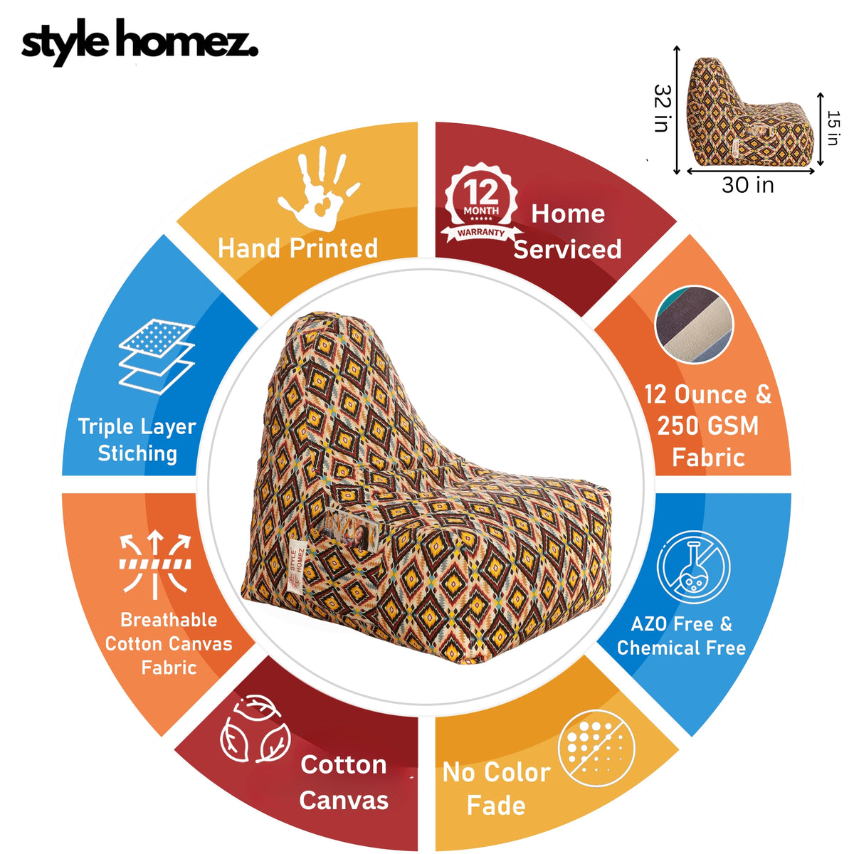 Style Homez HACKEY, Cotton Canvas Geometric Printed Bean Bag XXL Size, COVER Only
