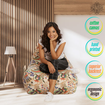 Style Homez XXL HACKEY BEAN BAG, Cotton Canvas Floral Printed, Filled With Beans Fillers
