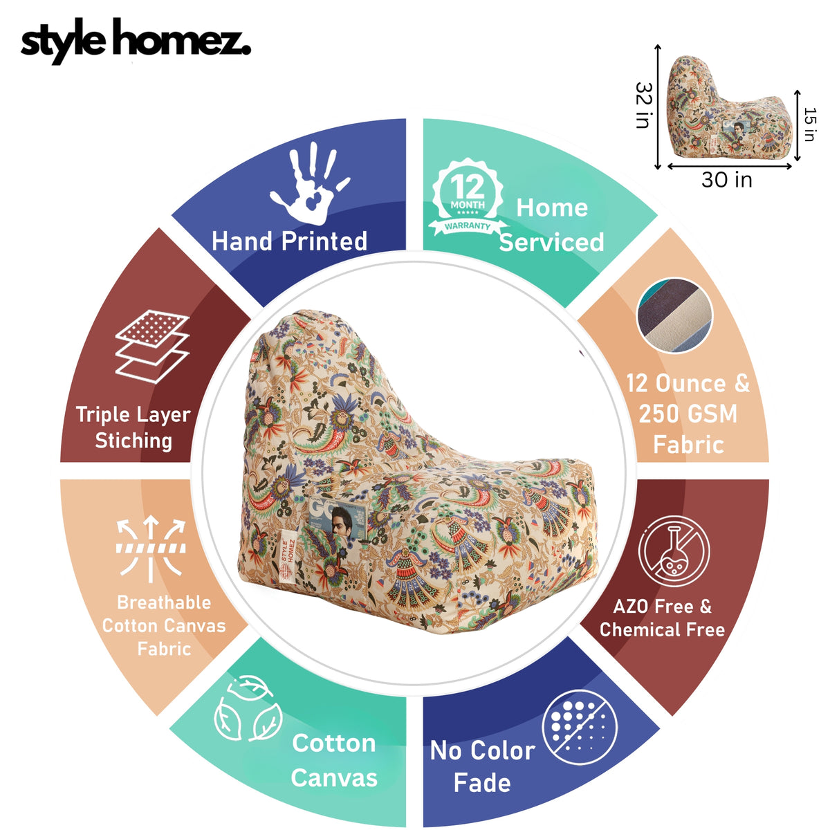 Style Homez XXL HACKEY BEAN BAG, Cotton Canvas Floral Printed, Filled With Beans Fillers