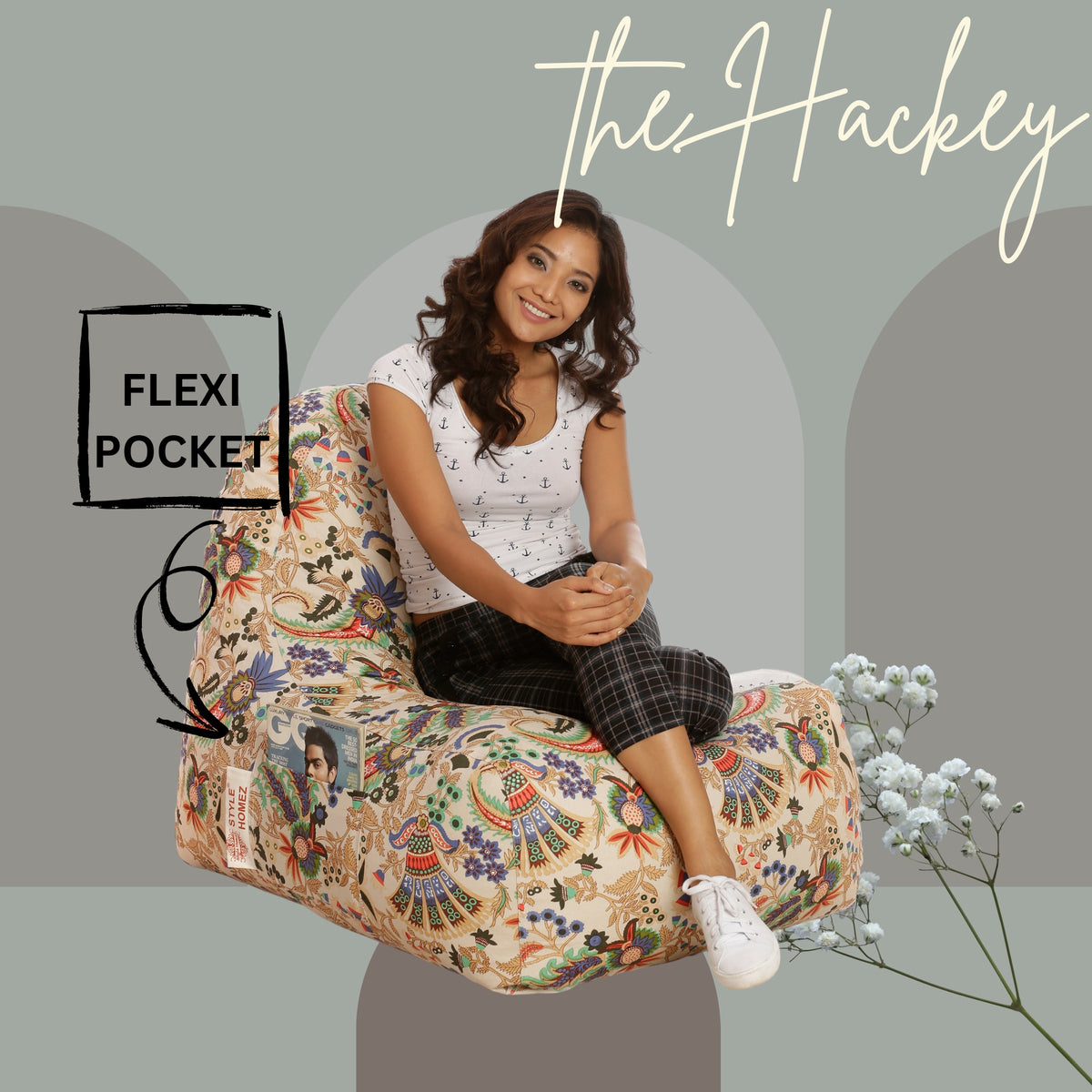Style Homez XXL HACKEY BEAN BAG, Cotton Canvas Floral Printed, Filled With Beans Fillers