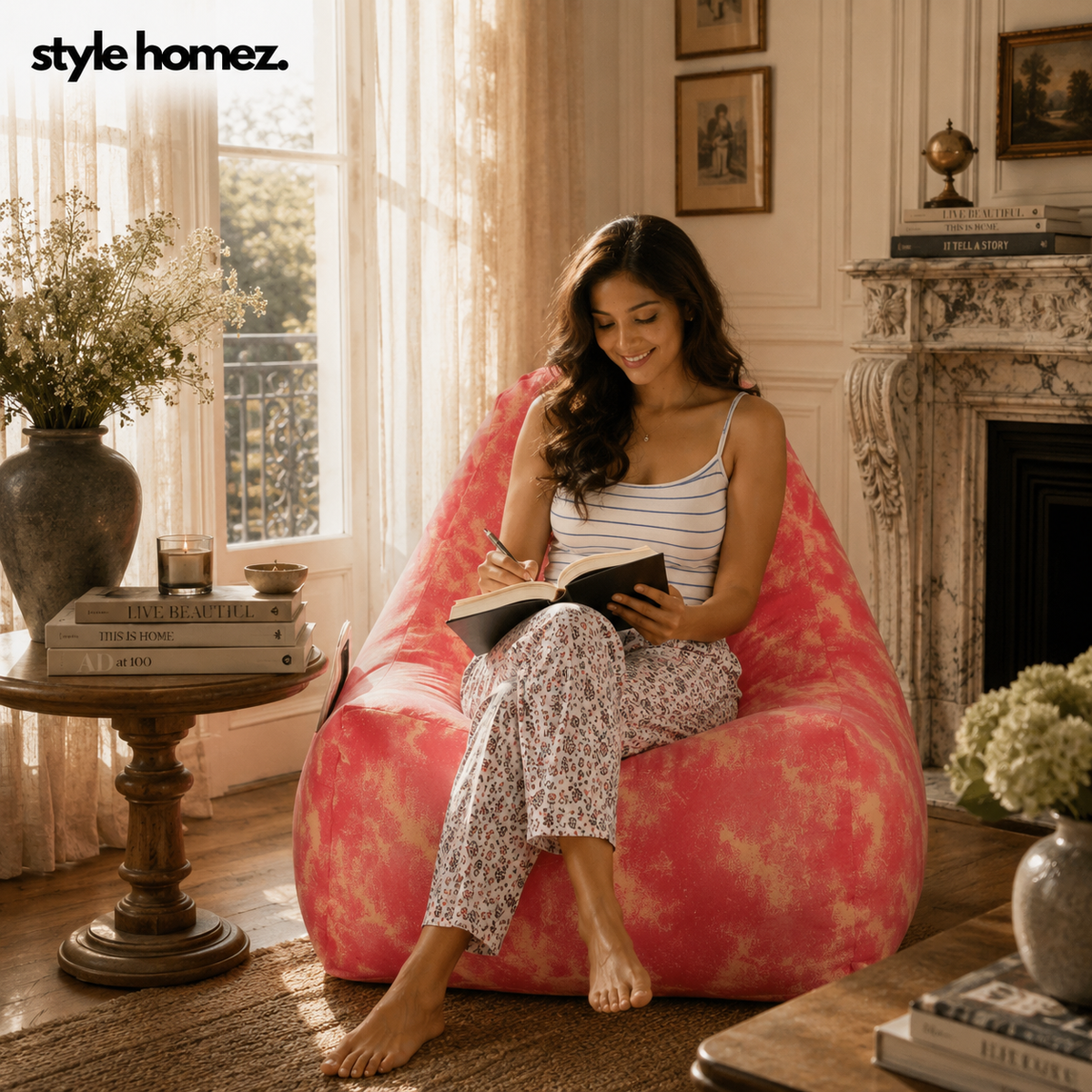 Style Homez XXL HACKEY BEAN BAG, Cotton Canvas Abstract Printed, Filled With Beans Fillers