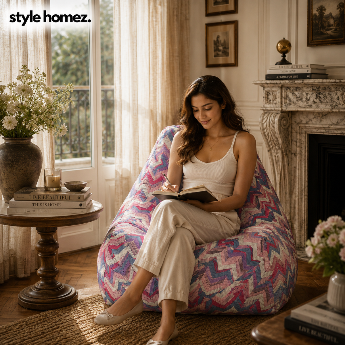 Style Homez XXL HACKEY BEAN BAG, Cotton Canvas Geometric Printed, Filled With Beans Fillers