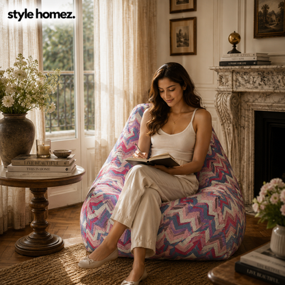 Style Homez XXL HACKEY BEAN BAG, Cotton Canvas Geometric Printed, Filled With Beans Fillers