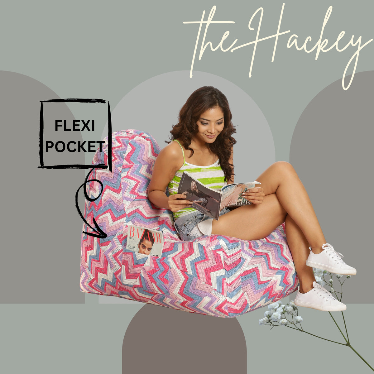 Style Homez XXL HACKEY BEAN BAG, Cotton Canvas Geometric Printed, Filled With Beans Fillers