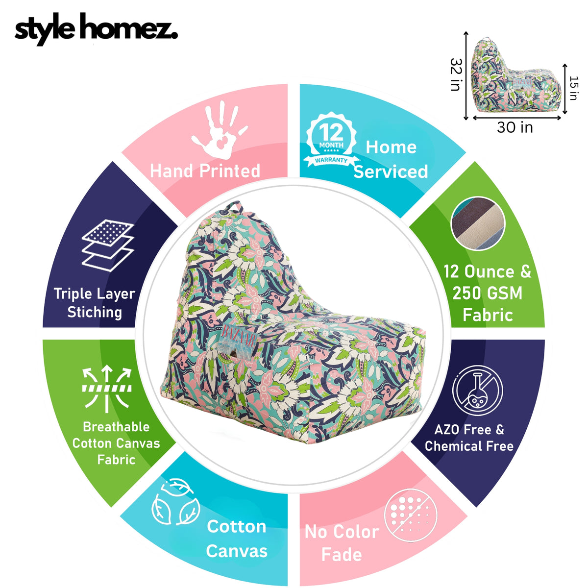 Style Homez HACKEY, Cotton Canvas Floral Printed Bean Bag XXL Size, COVER Only