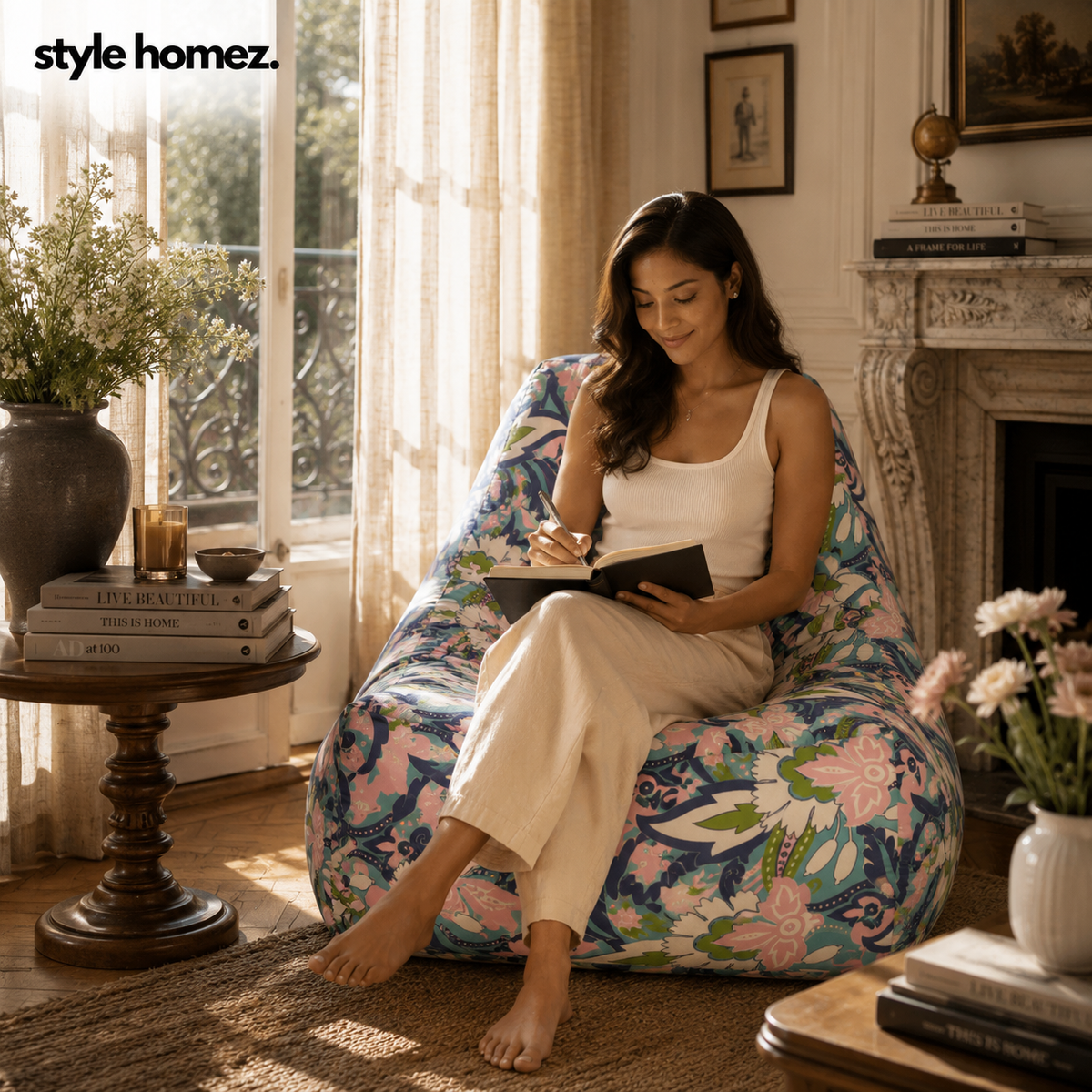 Style Homez HACKEY, Cotton Canvas Floral Printed Bean Bag XXL Size, COVER Only