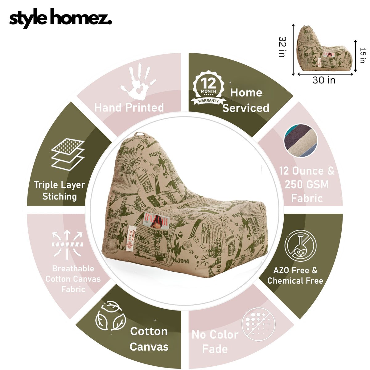 Style Homez XXL HACKEY BEAN BAG, Cotton Canvas Abstract Printed, Filled With Beans Fillers