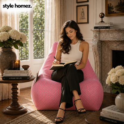 Style Homez XXL HACKEY BEAN BAG, Cotton Canvas Polka Dots Printed, Filled With Beans Fillers
