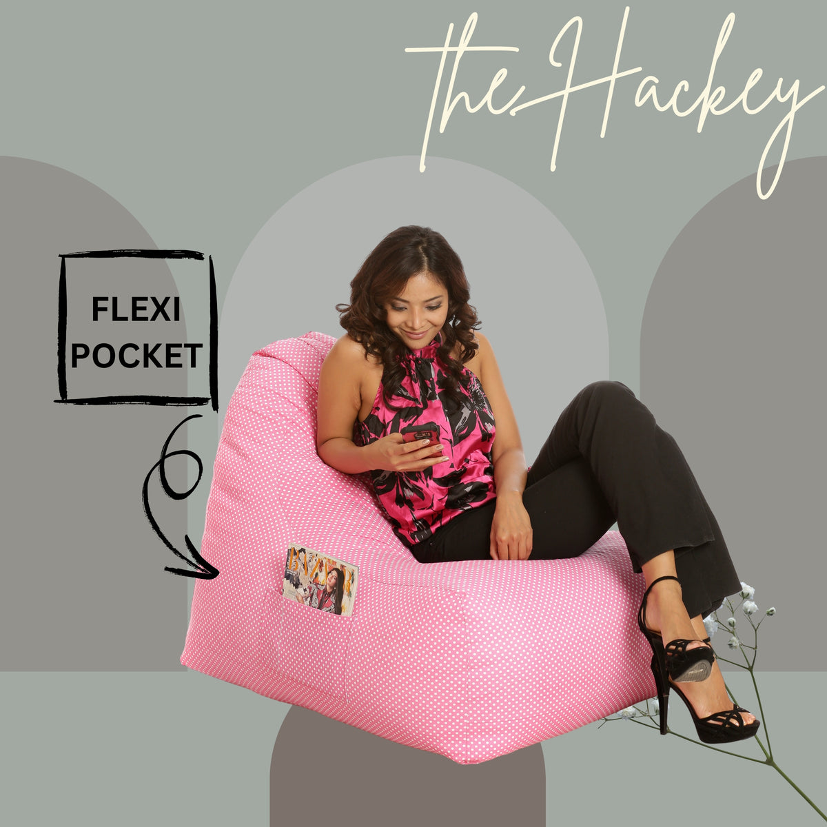 Style Homez XXL HACKEY BEAN BAG, Cotton Canvas Polka Dots Printed, Filled With Beans Fillers