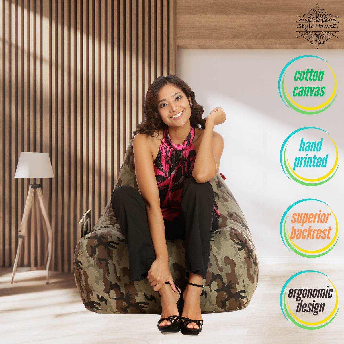 Style Homez Hackey Cotton Canvas Camouflage Printed Bean Bag XXL Size Filled With Beans Fillers