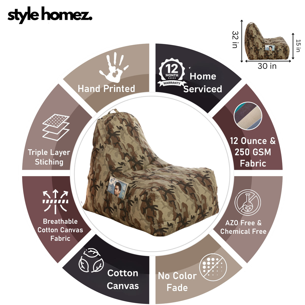 Style Homez Hackey Cotton Canvas Camouflage Printed Bean Bag XXL Size Filled With Beans Fillers