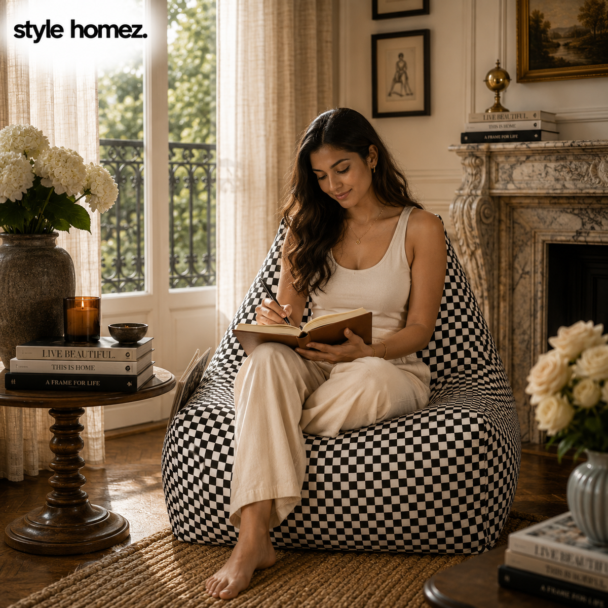 Style Homez Hackey Cotton Canvas Checkered Printed Bean Bag XXL Size Filled With Beans Fillers