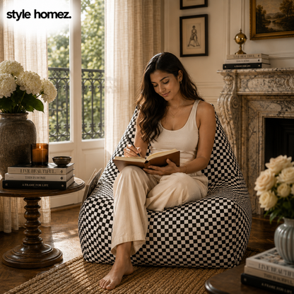 Style Homez Hackey Cotton Canvas Checkered Printed Bean Bag XXL Size Filled With Beans Fillers