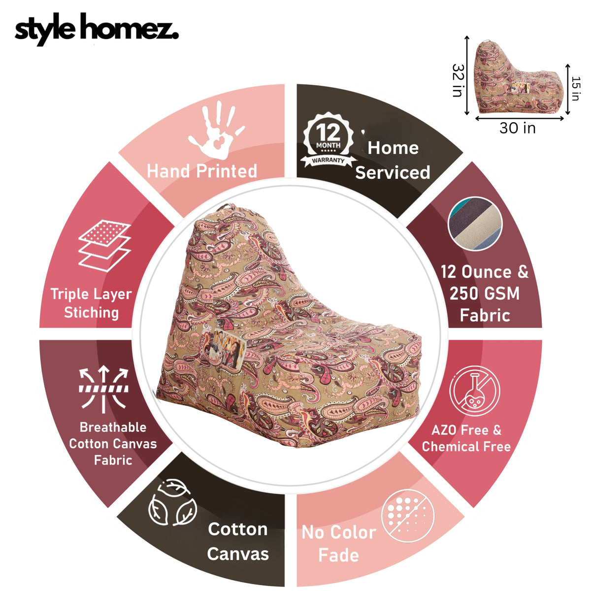 Style Homez Hackey Cotton Canvas Paisley Printed Bean Bag XXL Size Filled With Beans Fillers