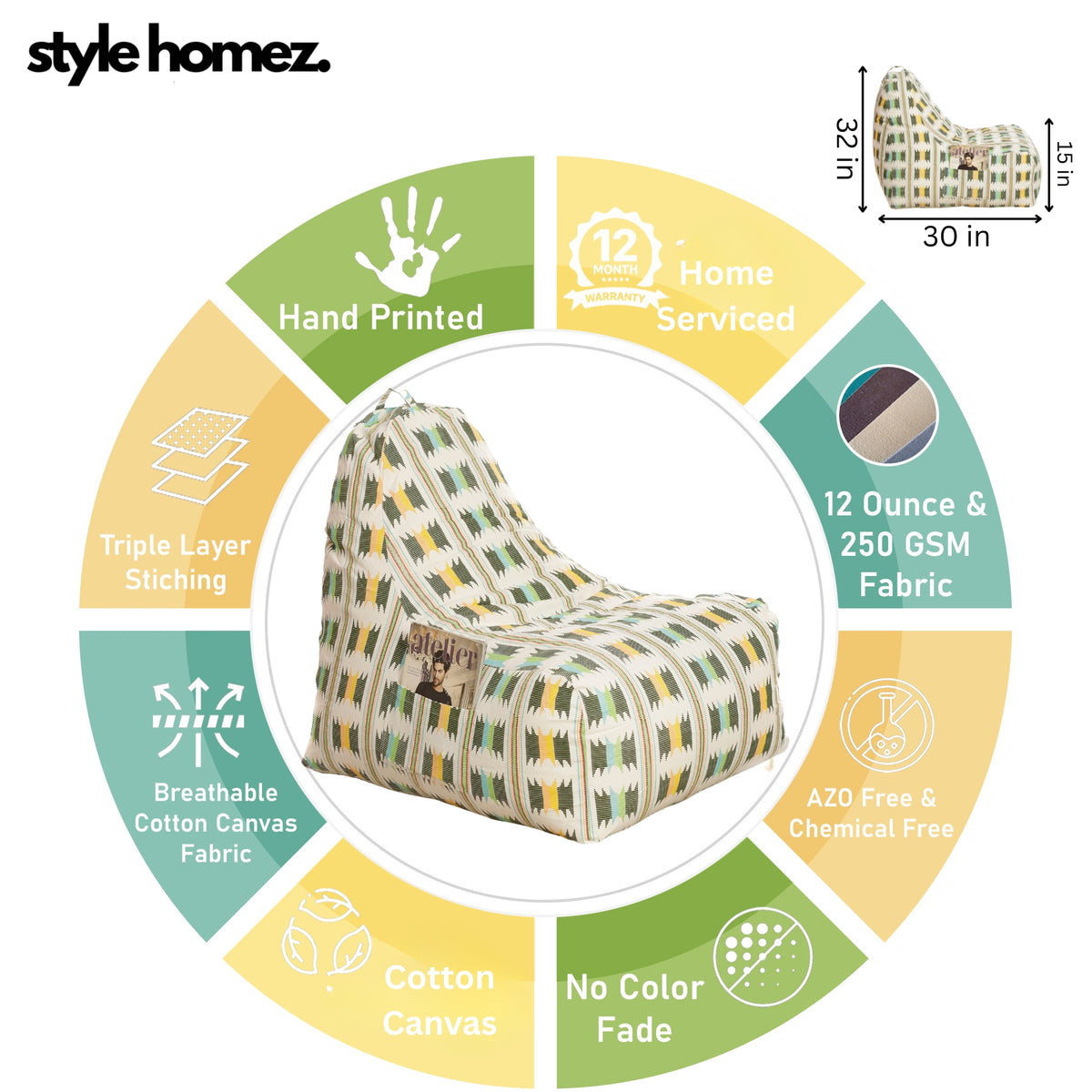 Style Homez HACKEY, Cotton Canvas IKAT Printed Bean Bag XXL Cover Onlyr
