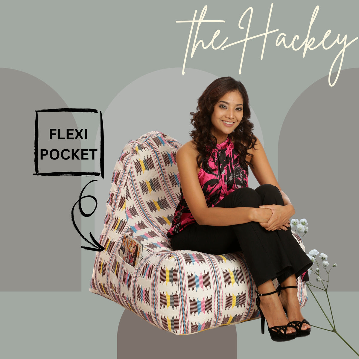 Style Homez XXL HACKEY BEAN BAG, Cotton Canvas IKAT Printed, Filled With Beans Fillers