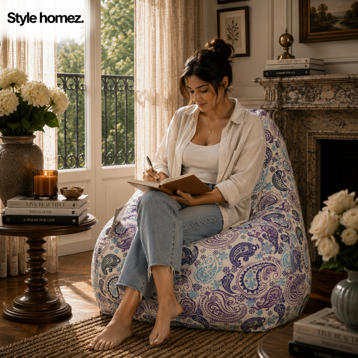 Style Homez Hackey Cotton Canvas Paisley Printed Bean BagXXL Size Filled With Beans Fillers