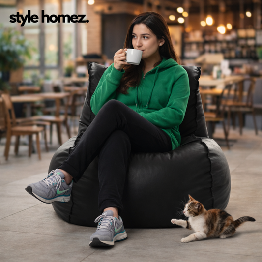 Style Homez MAMBO, Premiu Leatherette XL Size Bean Bag Lounger Black Color Filled with Beans Fillers