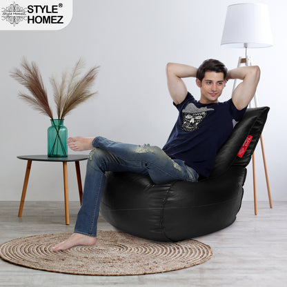 Style Homez MAMBO, Premiu Leatherette XL Size Bean Bag Lounger Black Color Filled with Beans Fillers