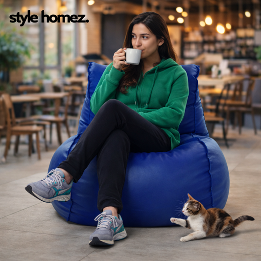 Style Homez MAMBO, Premiu Leatherette XL Size Bean Bag Blue Color Filled with Beans Fillers