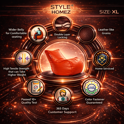 Style Homez MAMBO, Premiu Leatherette XL Size Bean Bag Orange Color Filled with Beans Fillers