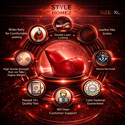Style Homez MAMBO, Premiu Leatherette XL Size Bean Bag Red Color Filled with Beans Fillers