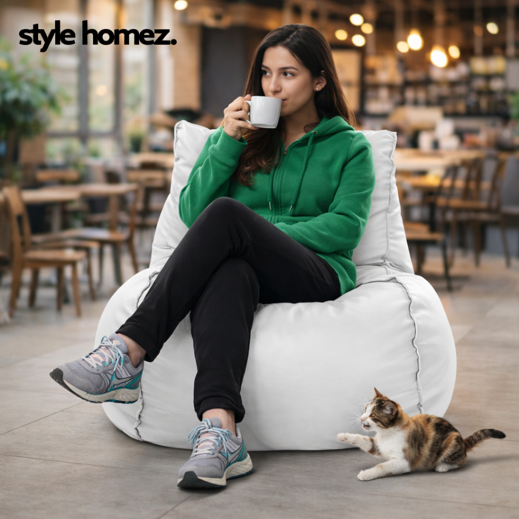 Style Homez MAMBO, Premiu Leatherette XL Size Bean Bag White Color Filled with Beans Fillers