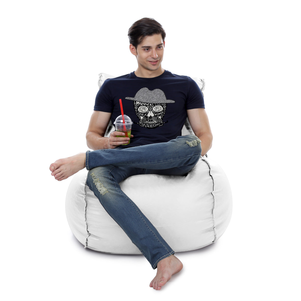 Style Homez MAMBO, Premiu Leatherette XL Size Bean Bag White Color Filled with Beans Fillers