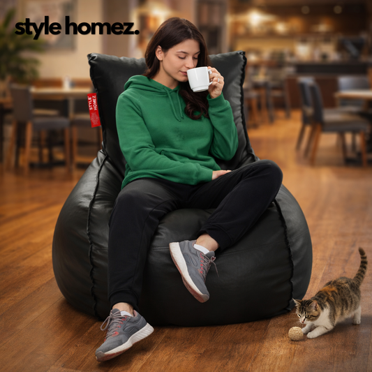 Style Homez MAMBO, Premium Leatherette Fabric Lounger XXL Bean Bag Black Color Cover Only