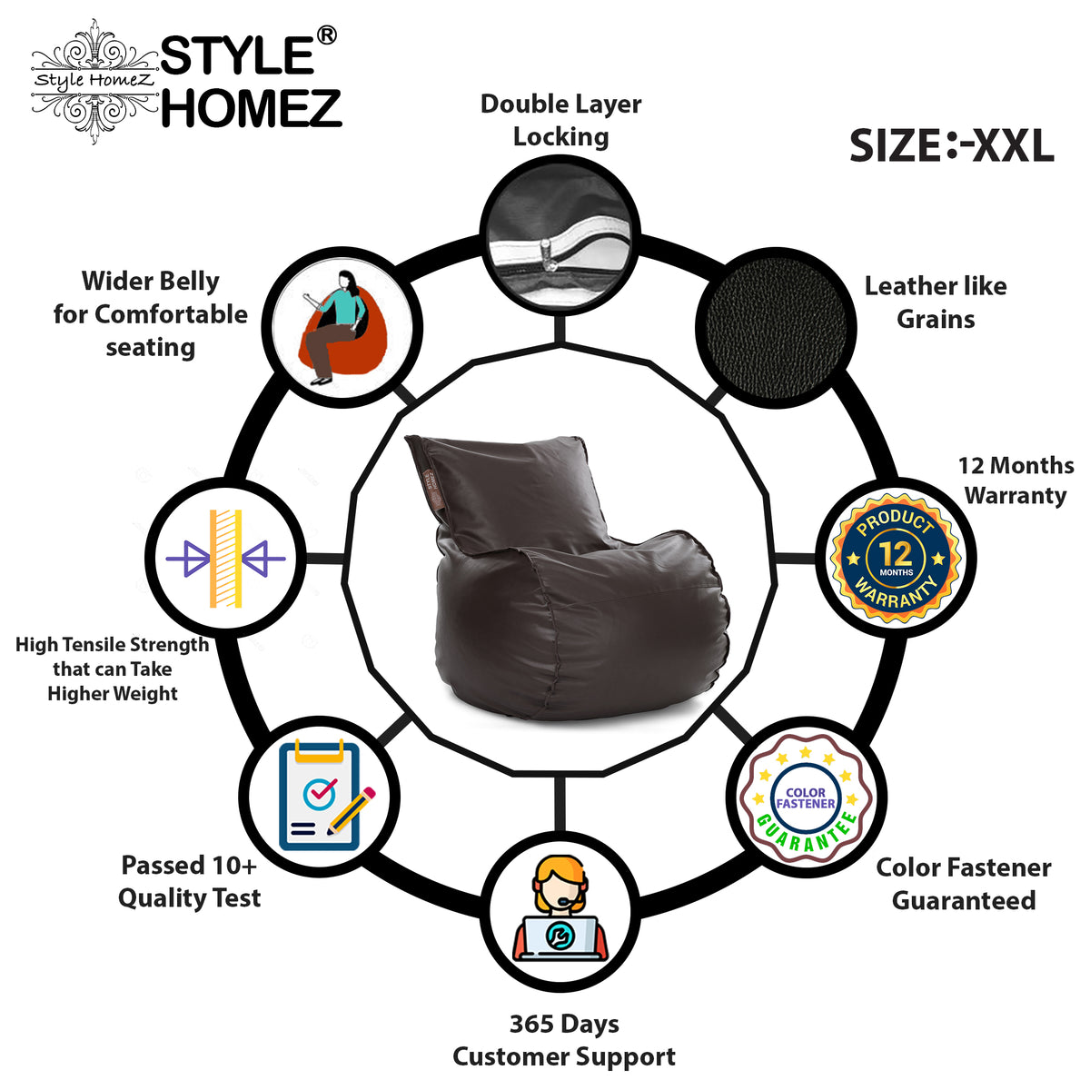 Style Homez MAMBO, Premium Leatherette Fabric XXL Bean Bag Chocolate Brown Color Filled with Beans Fillers