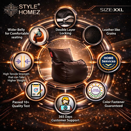 Style Homez MAMBO, Premium Leatherette Fabric XXL Bean Bag Chocolate Brown Color Filled with Beans Fillers