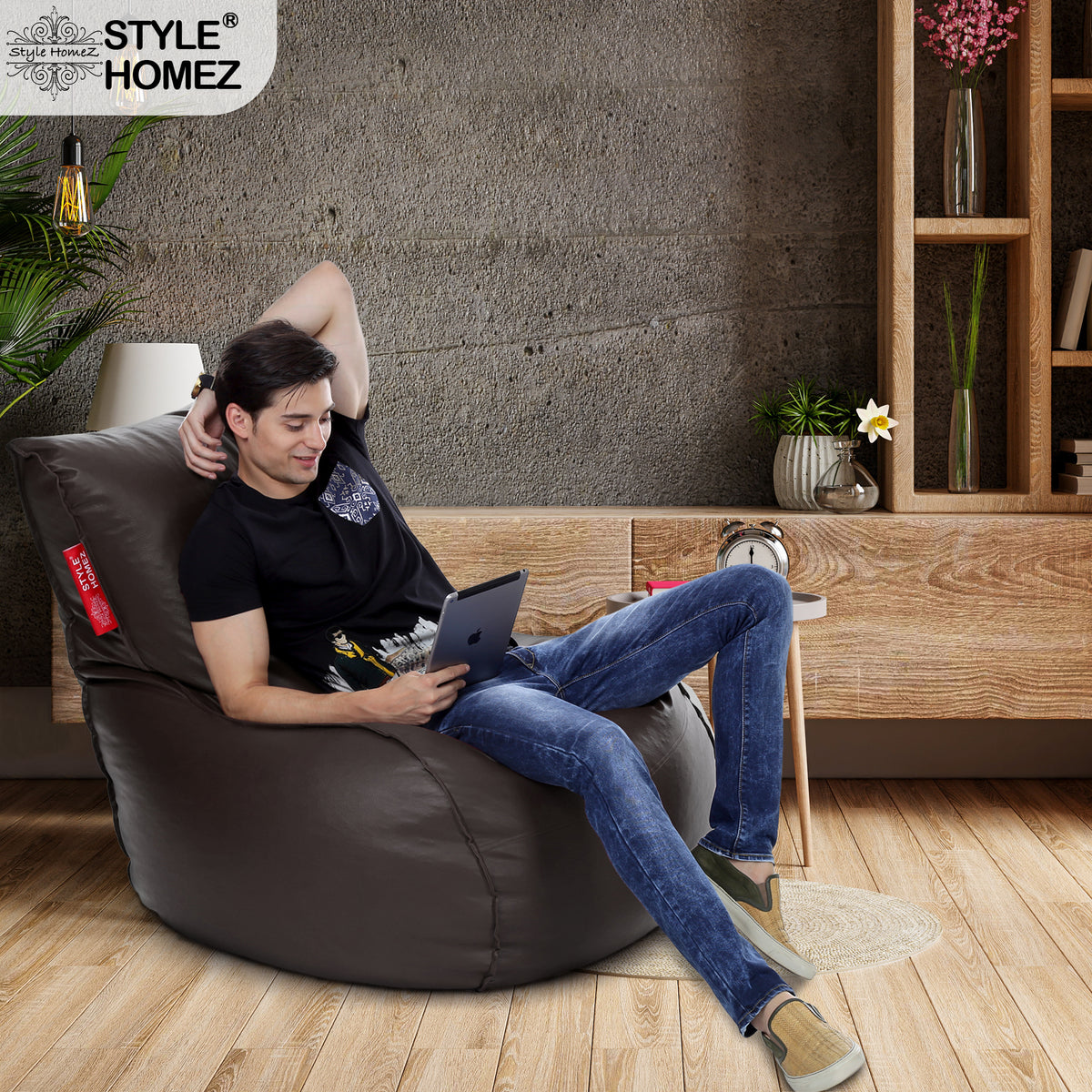 Style Homez MAMBO, Premium Leatherette Fabric XXL Bean Bag Chocolate Brown Color Filled with Beans Fillers