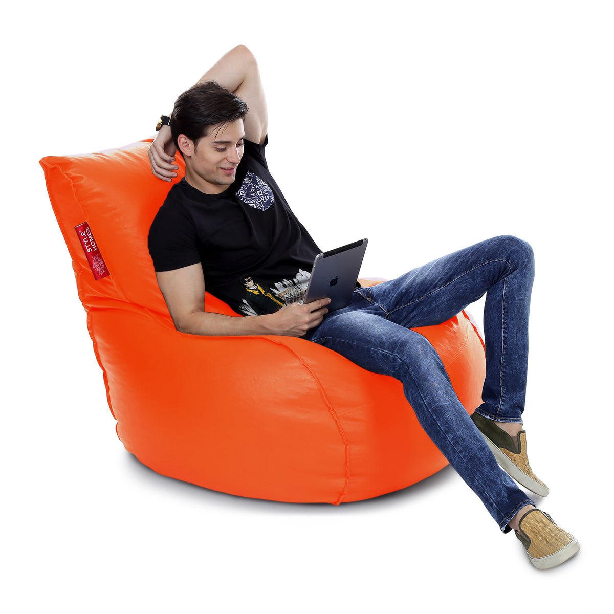 Style Homez MAMBO, Premium Leatherette Fabric XXL Bean Bag Orange Color Filled with Beans Fillers
