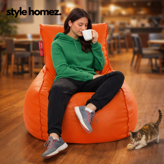 Style Homez MAMBO, Premium Leatherette Fabric XXL Bean Bag Orange Color Filled with Beans Fillers
