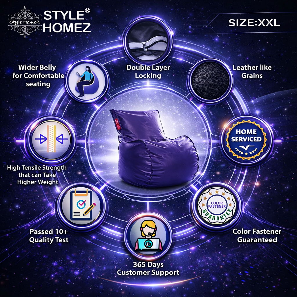 Style Homez MAMBO, Premium Leatherette Fabric XXL Bean Bag Purple Color Filled with Beans Fillers