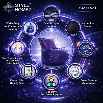 Style Homez MAMBO, Premium Leatherette Fabric XXL Bean Bag Purple Color Filled with Beans Fillers