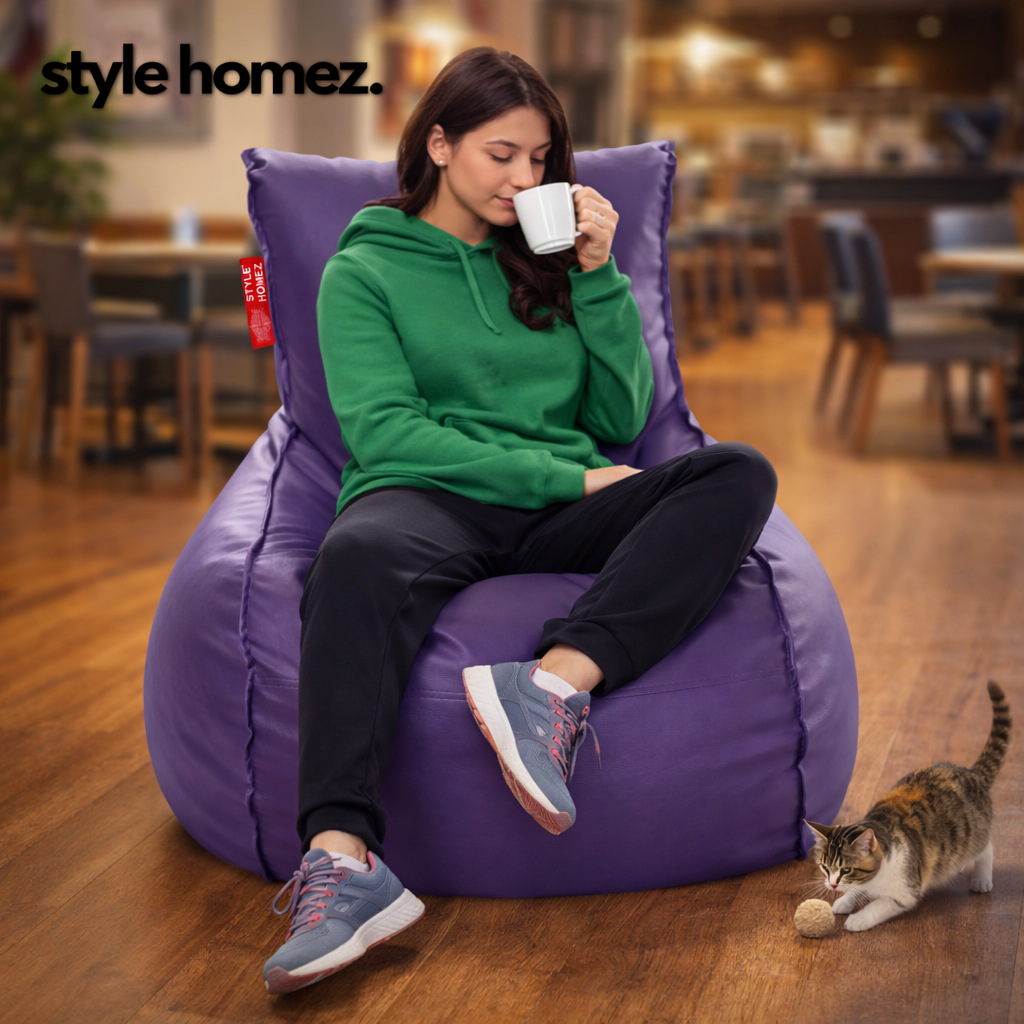 Style Homez MAMBO, Premium Leatherette Fabric XXL Bean Bag Purple Color Filled with Beans Fillers