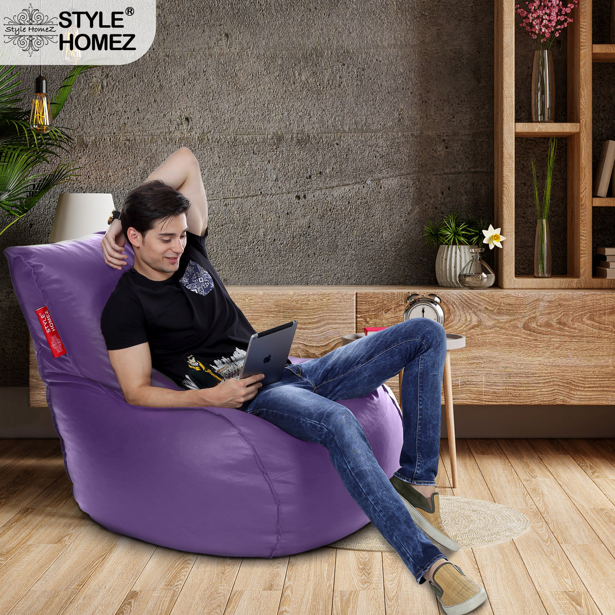 Style Homez MAMBO, Premium Leatherette Fabric XXL Bean Bag Purple Color Filled with Beans Fillers