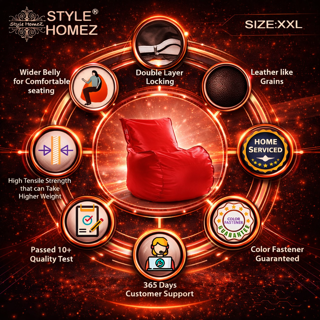 Style Homez MAMBO, Premium Leatherette Fabric XXL Bean Bag Red Color Filled with Beans Fillers