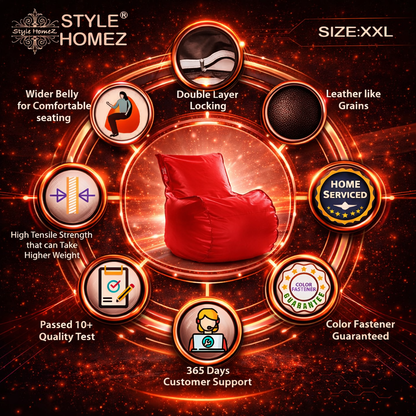 Style Homez MAMBO, Premium Leatherette Fabric XXL Bean Bag Red Color Filled with Beans Fillers