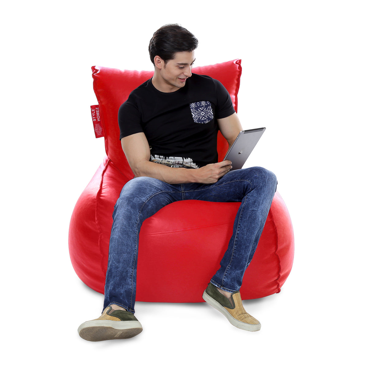 Style Homez MAMBO, Premium Leatherette Fabric XXL Bean Bag Red Color Filled with Beans Fillers