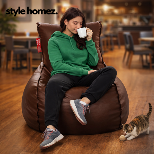 Style Homez MAMBO, Premium Leatherette Fabric XXL Bean Bag Tan Color Filled with Beans Fillers