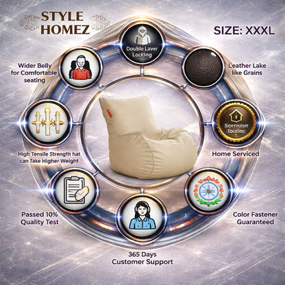 Style Homez MAMBO, Premium Leatherette Fabric XXXL Bean Bag BEIGE Color Filled with Beans Fillers