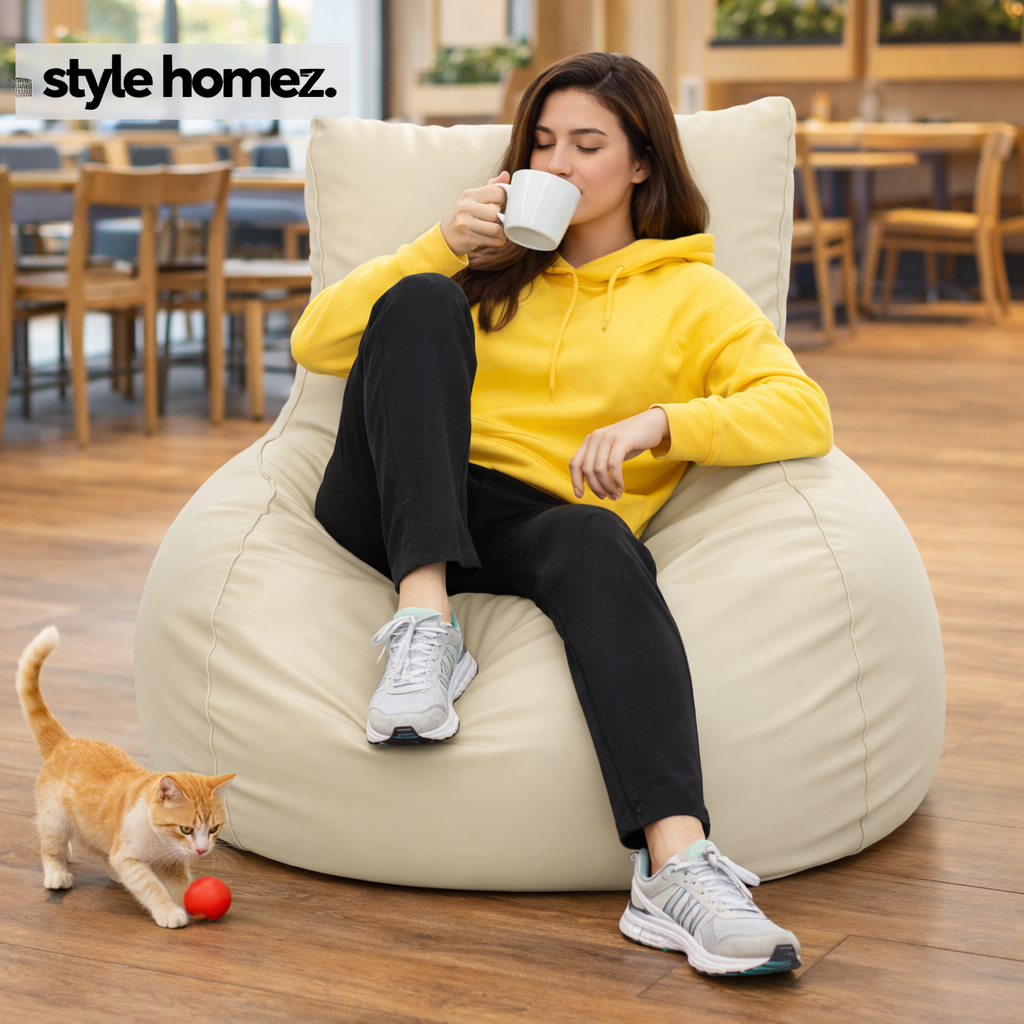 Style Homez MAMBO, Premium Leatherette Fabric XXXL Bean Bag BEIGE Color Filled with Beans Fillers