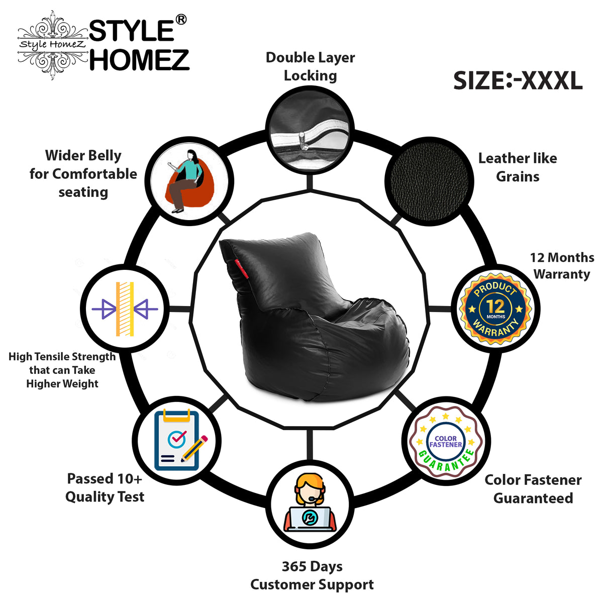 Style Homez MAMBO, Premium Leatherette Fabric XXXL Bean Bag Lounger Black Color Filled with Beans Fillers