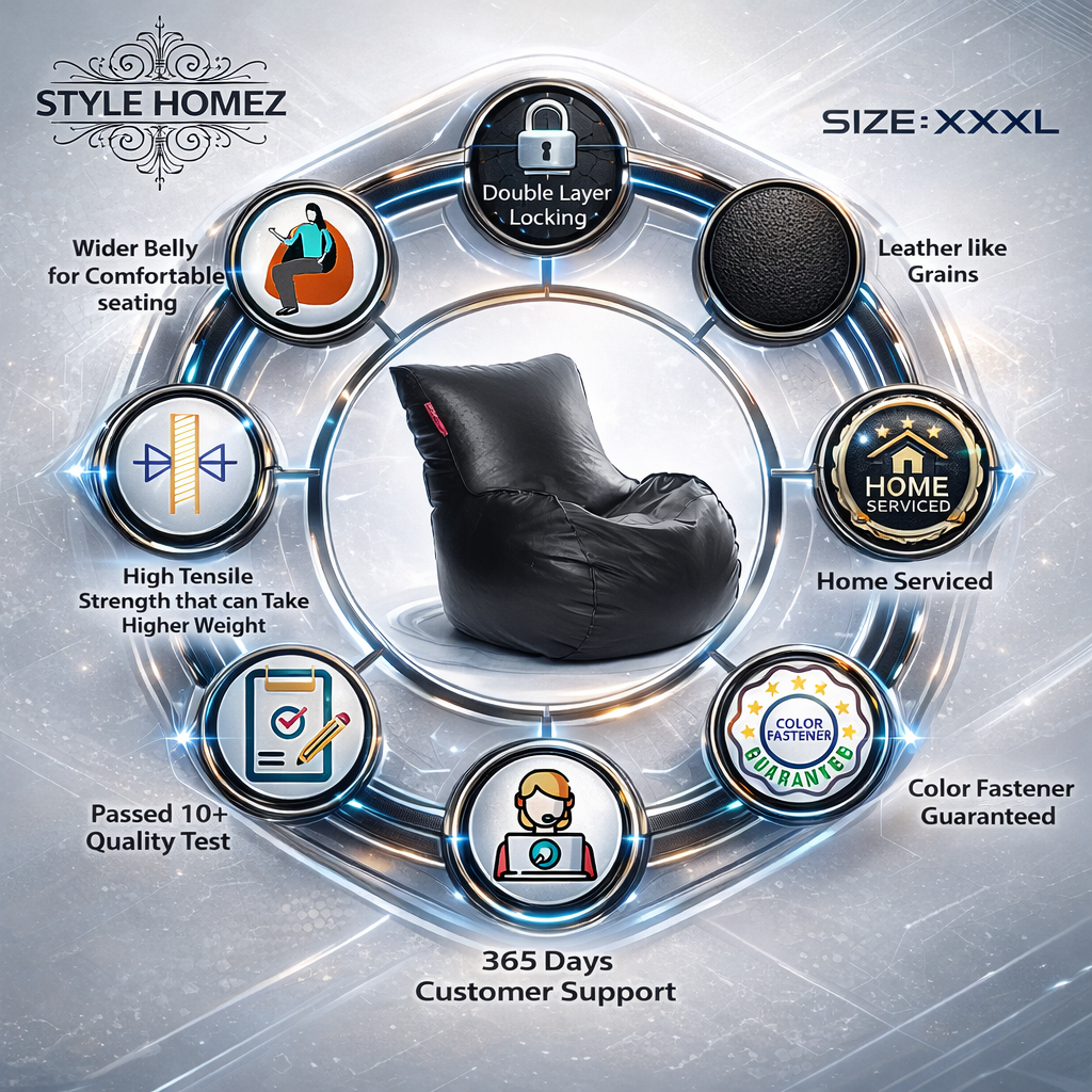 Style Homez MAMBO, Premium Leatherette Fabric XXXL Bean Bag Lounger Black Color Filled with Beans Fillers