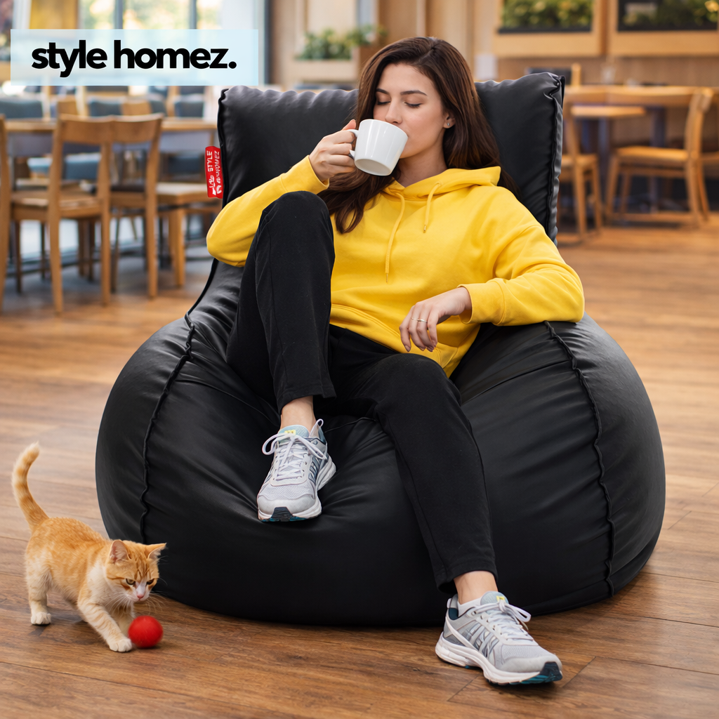 Style Homez MAMBO, Premium Leatherette Fabric XXXL Bean Bag Lounger Black Color Filled with Beans Fillers