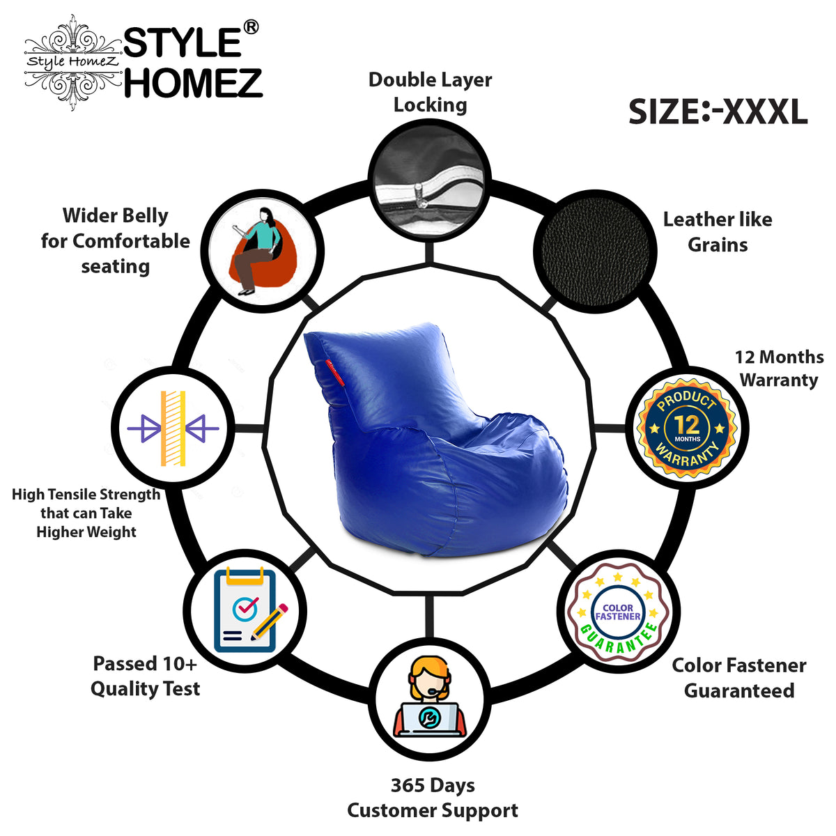 Style Homez MAMBO, Premium Leatherette Fabric XXXL Bean Bag Blue Color Filled with Beans Fillers